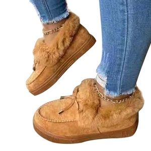 New Camel Color Faux Fur-lined Slip-on Loafers—Size 11